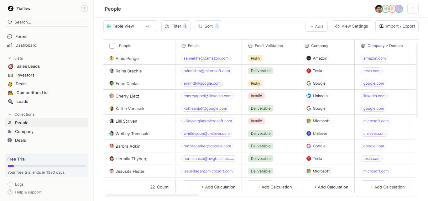 User interface of Zixflow.
