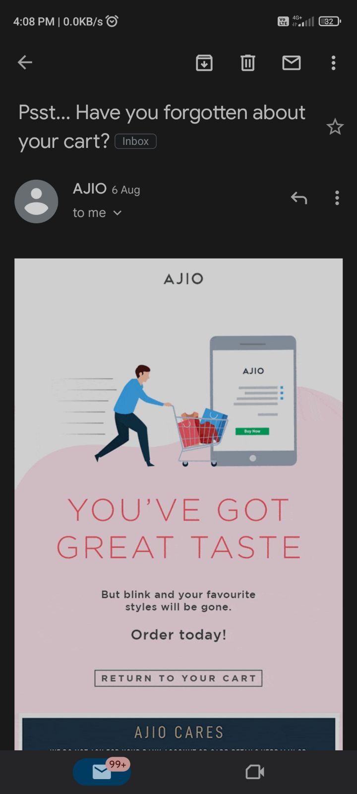 Ajio’s email campaign outreach for customer engagement with the purpose of increasing sales.