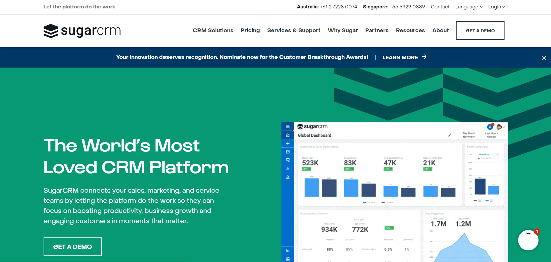 SugarCRM, an alternative CRM platform of Monday, features sales automation, marketing, and support.