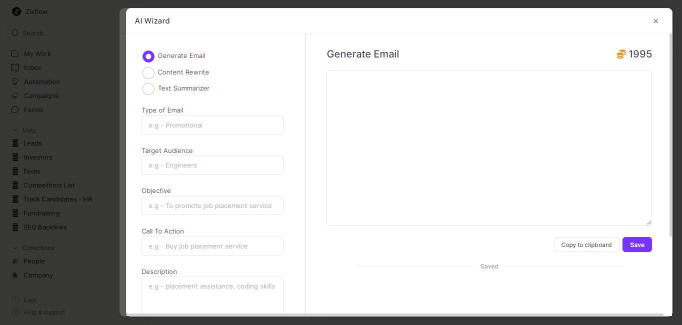 Originate email quickly by using Zixflow’s AI Wizard tool.