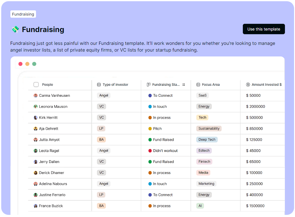 Zixflow’s customizable fundraising list template for investment bankers to store, track, and manage your leads and client data.