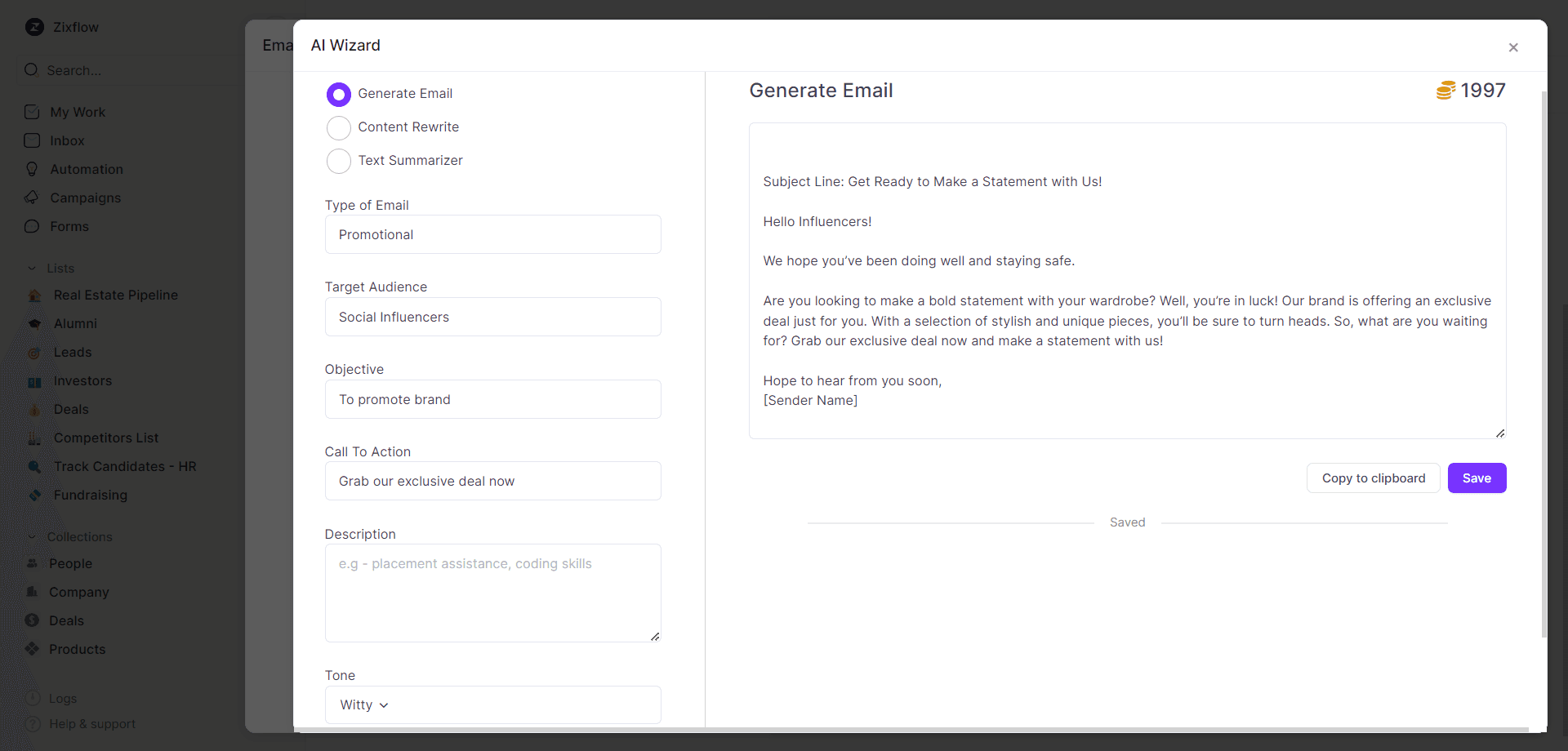 Customize email content to engage your PR audience quickly with email campaign builder by Zixflow, a CRM for public reactions.