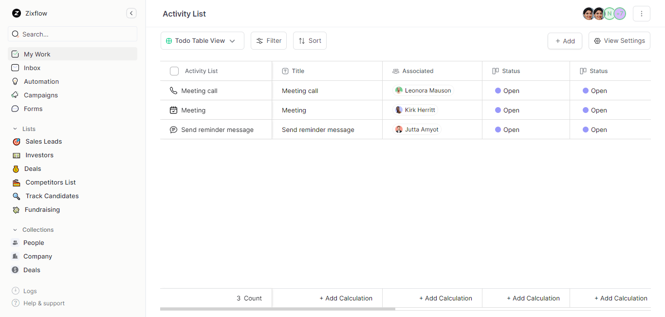 Zixflow’s activity management section to manage your upcoming tasks.