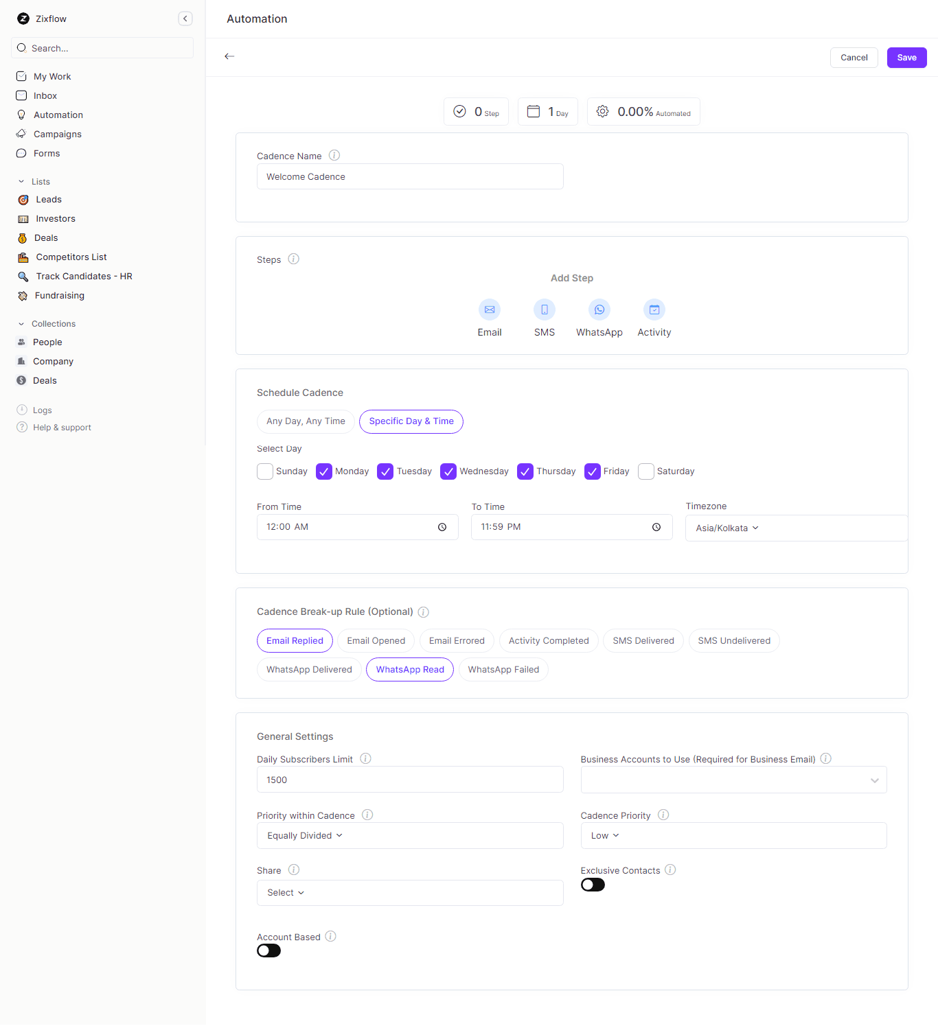 Zixflow sales cadence builder allows you to engage your prospects and send automated follow-ups.