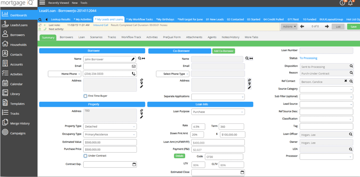 Mortgage IQ, an enterprise CRM for mortgage brokers and loan officers. (Source)