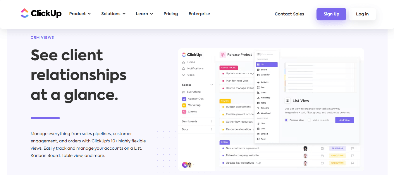 ClickUp, a consulting business CRM software, smooths outreach and accelerates customer satisfaction.
