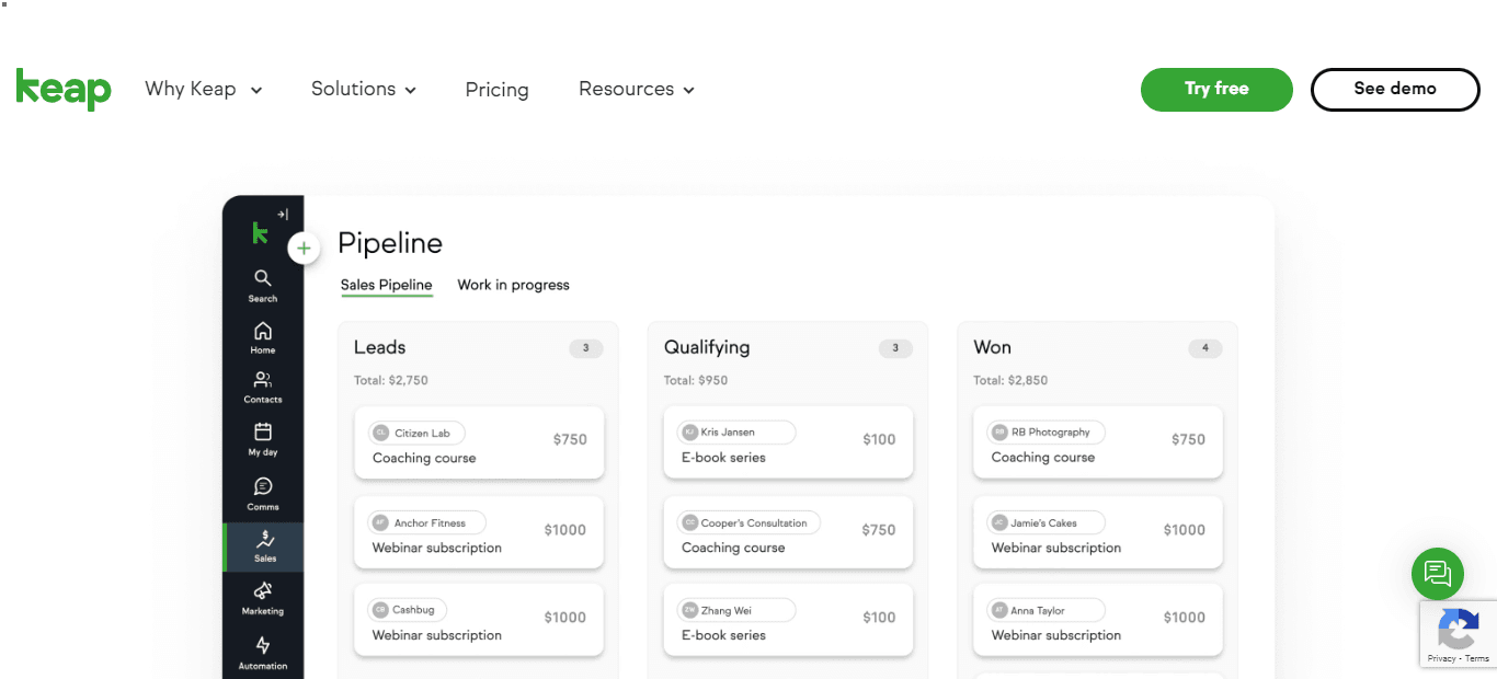 Keap, one of the best consultant CRMs, provides benefits with sales and marketing automation.