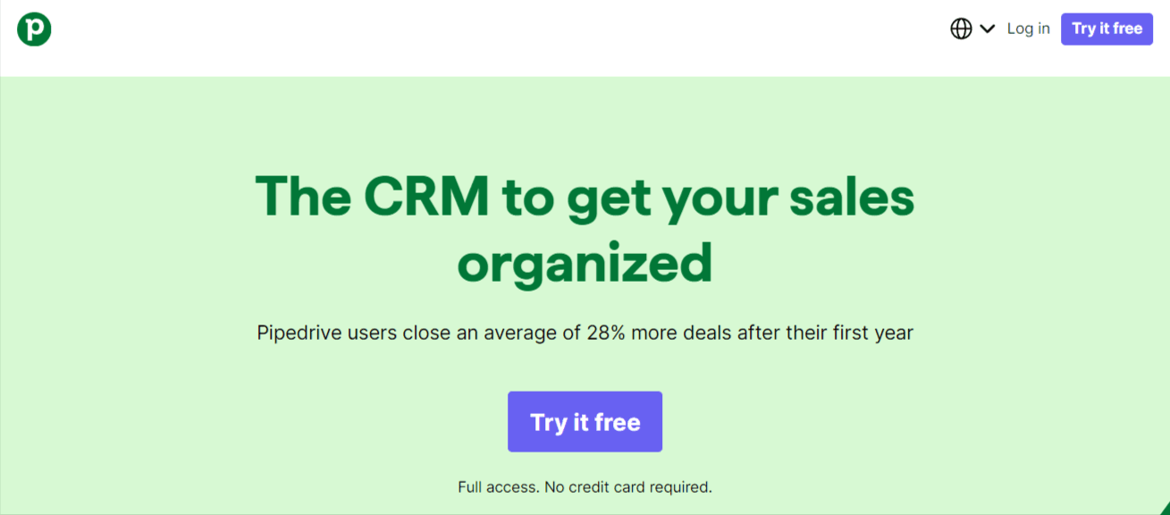 Home page of Pipedrive, a Folk CRM alternative.