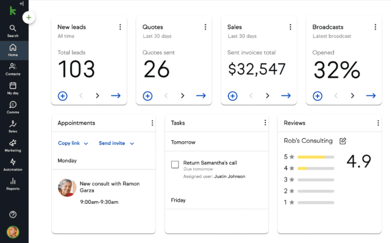 Dashboard of Keap, a Folk CRM alternative for small businesses.