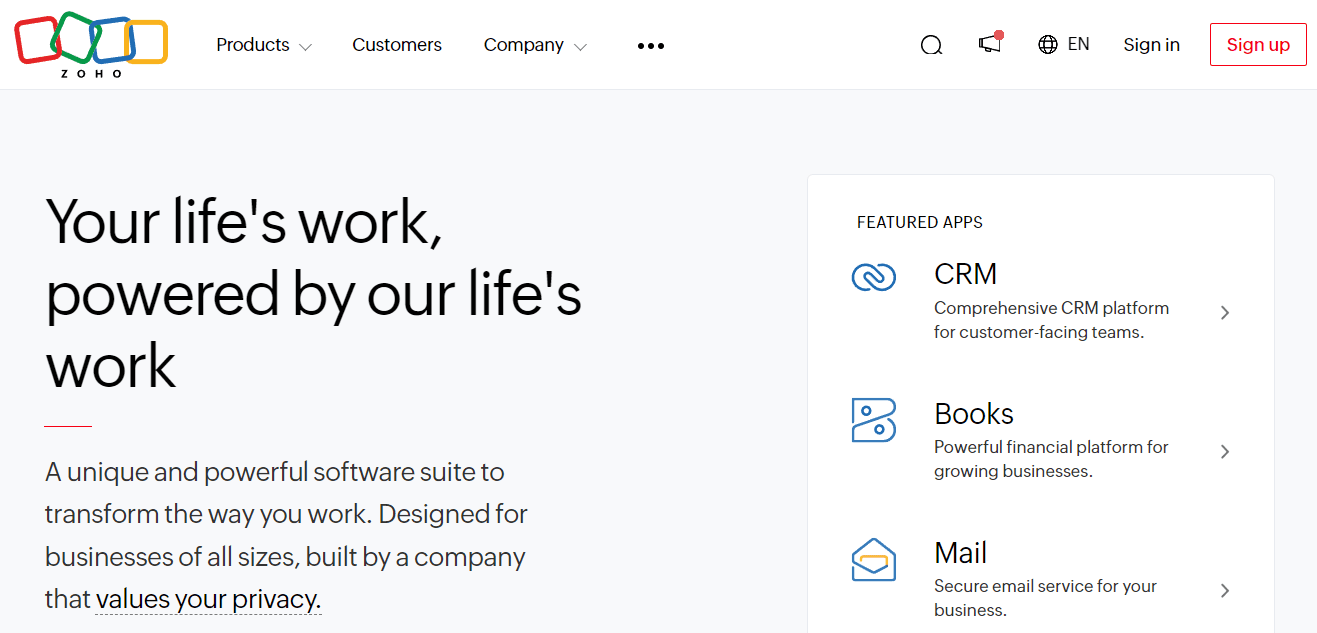 Home page of Zoho, a cloud Folk CRM alternative.