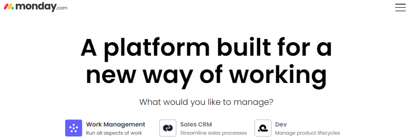 Home page of Monday, a Folk CRM alternative.