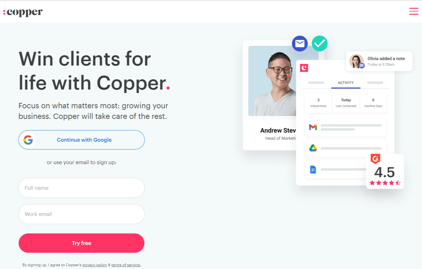 Home page of Copper, a Folk CRM alternative.