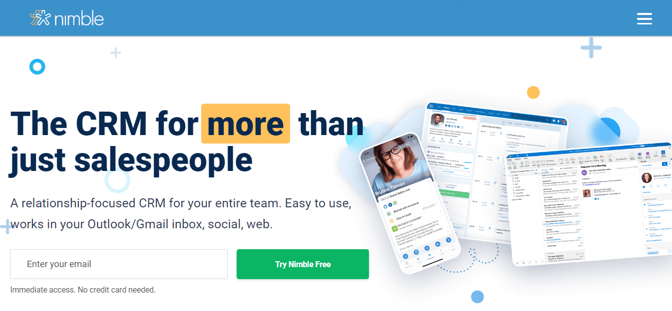 Home page of Nimble, a Folk CRM alternative.
