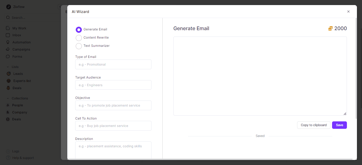 Zixflow’s AI wizard will help you generate emails, summarize text, and rewrite content as per your needs.