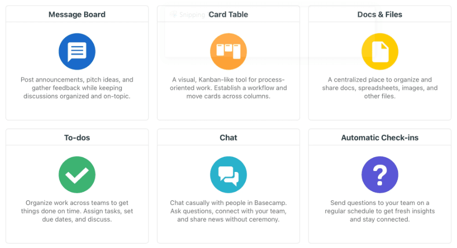 Basecamp is a simple project management tool with many features like message board, chat, card table docs files, to-dos, and automatic check-ins.