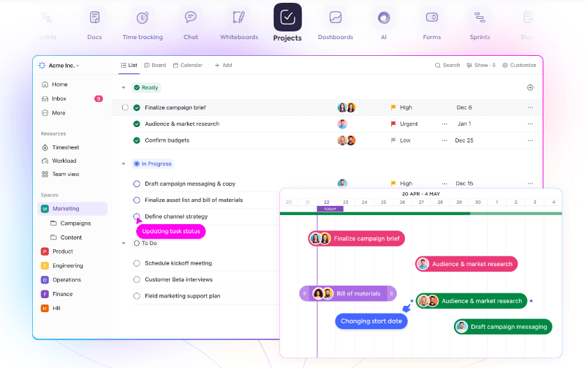 Dashboard of ClickUp, the best alternative to Airtable.