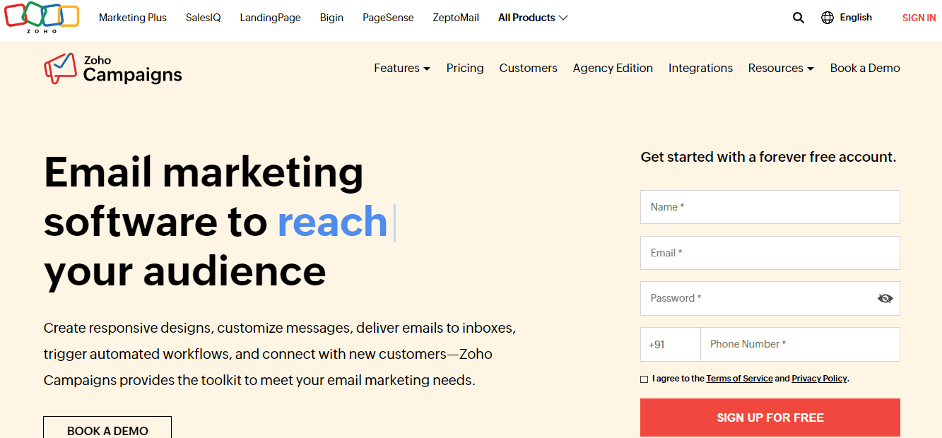 Home page of Zoho Campaigns.