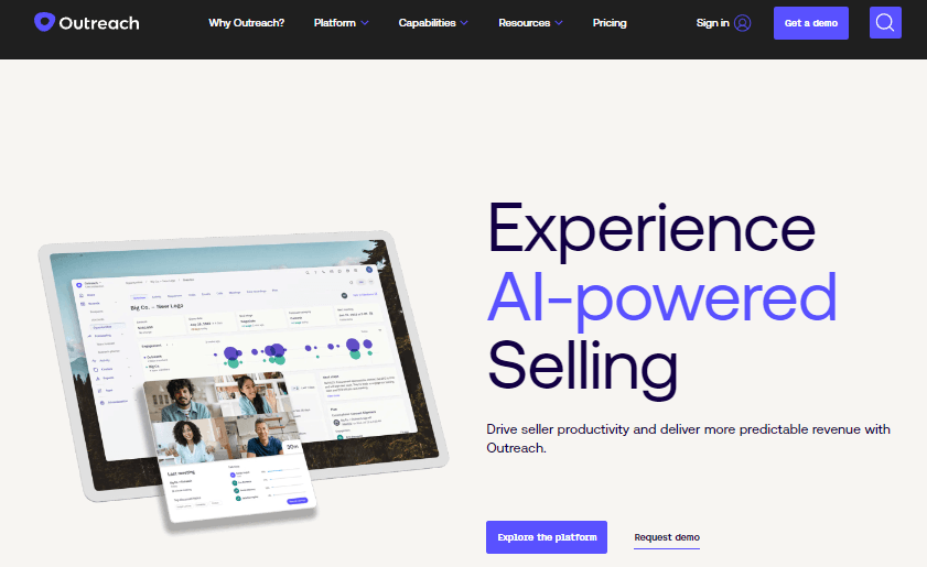 Home page of Outreach, a sales engagement tool.