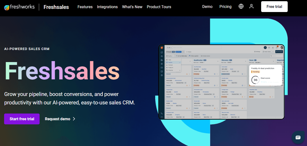 Home page of Freshsales, a user-friendly Outreach alternative.