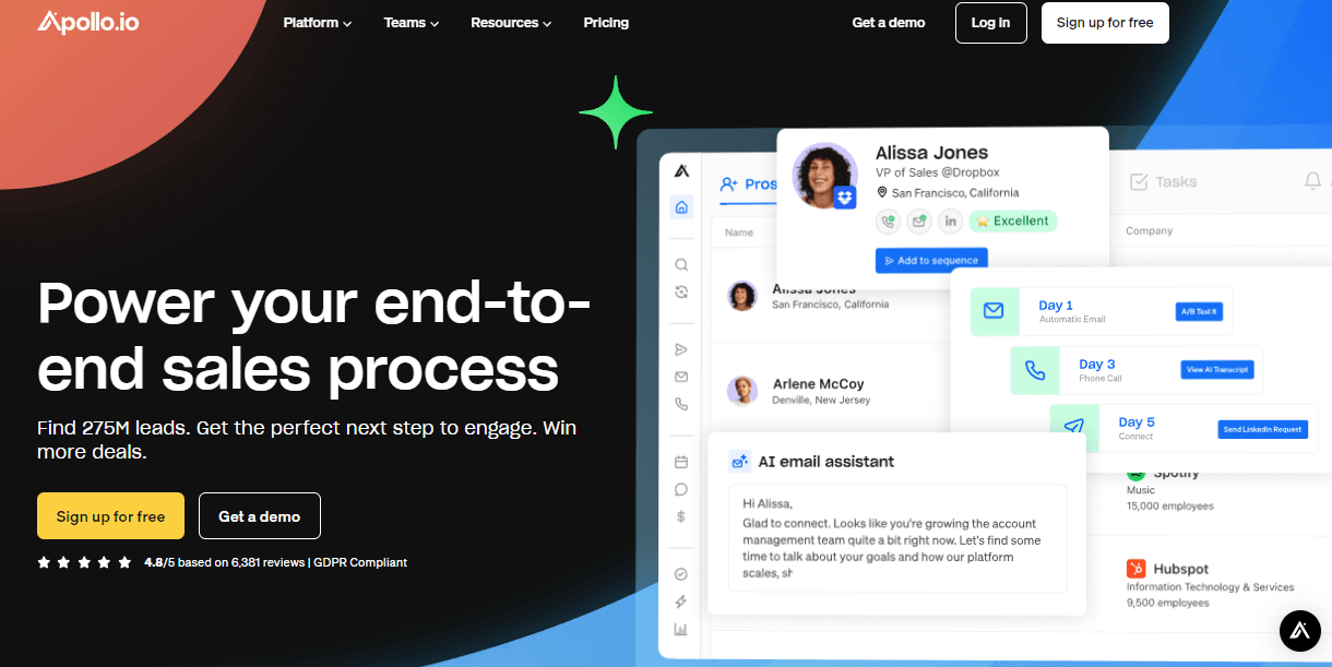 Home page of Apollo.io, an Outreach alternative.