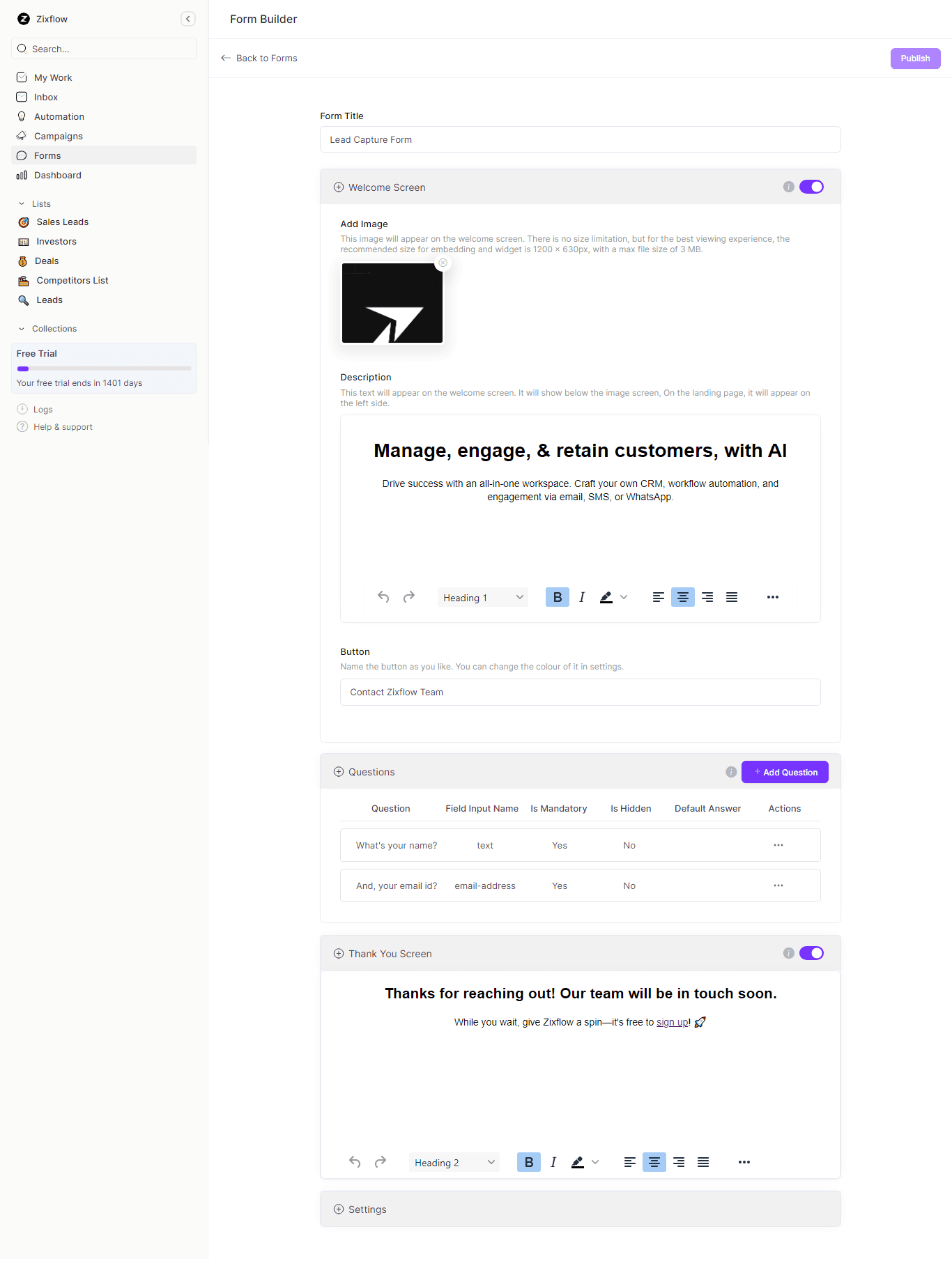 Visual form builder in Zixflow to build custom forms with ease.