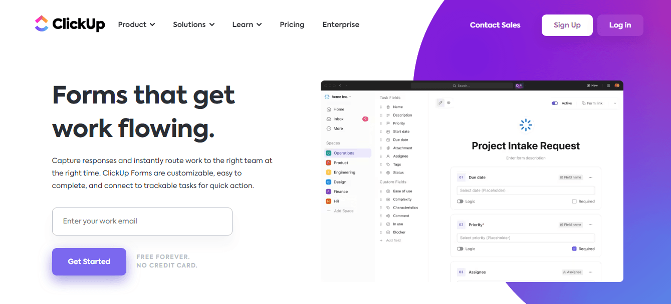 ClickUp, a Typeform alternative with project management functionality.