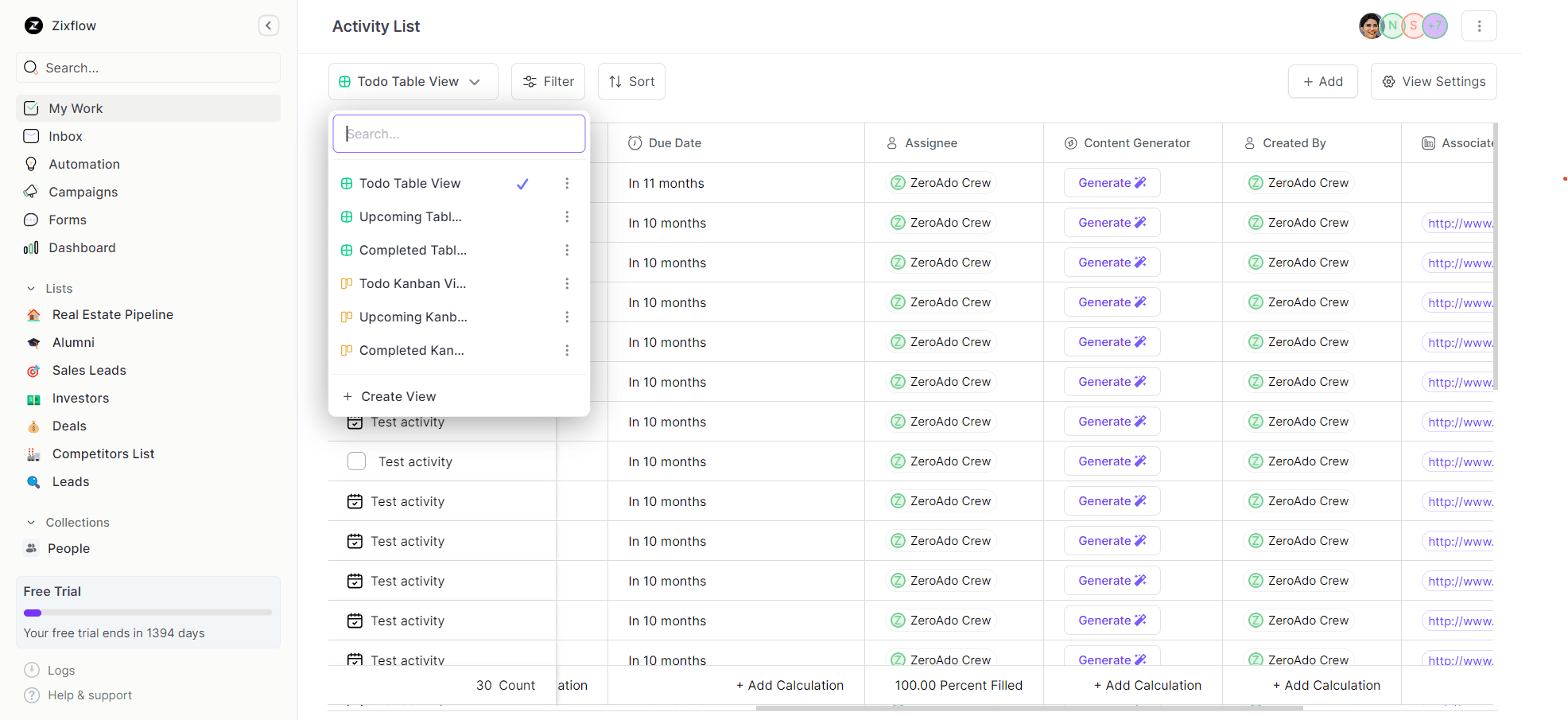 Manage your daily activities with Zixflow activity list & set priorities based on time & demand while also inviting your team members to work from a shareable dashboard.