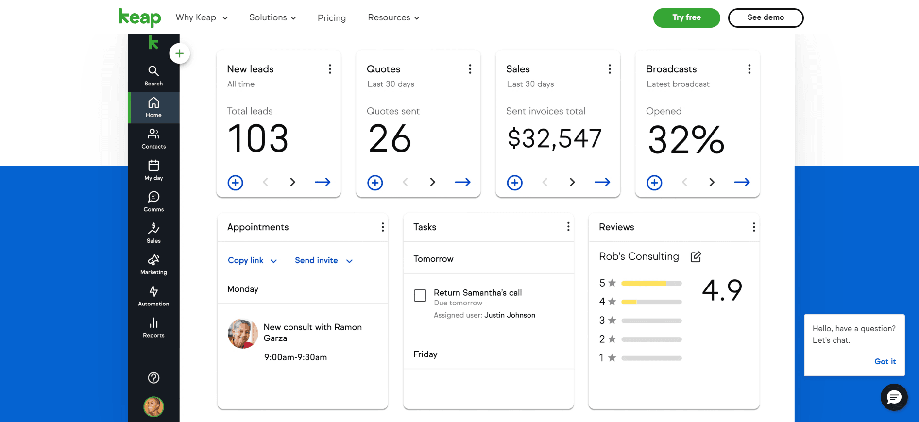 Here is a short glimpse of Keap’s dashboard, you’ll get to manage multiple projects related to sales & marketing, handle customer contact, and watch your team members' activities.
