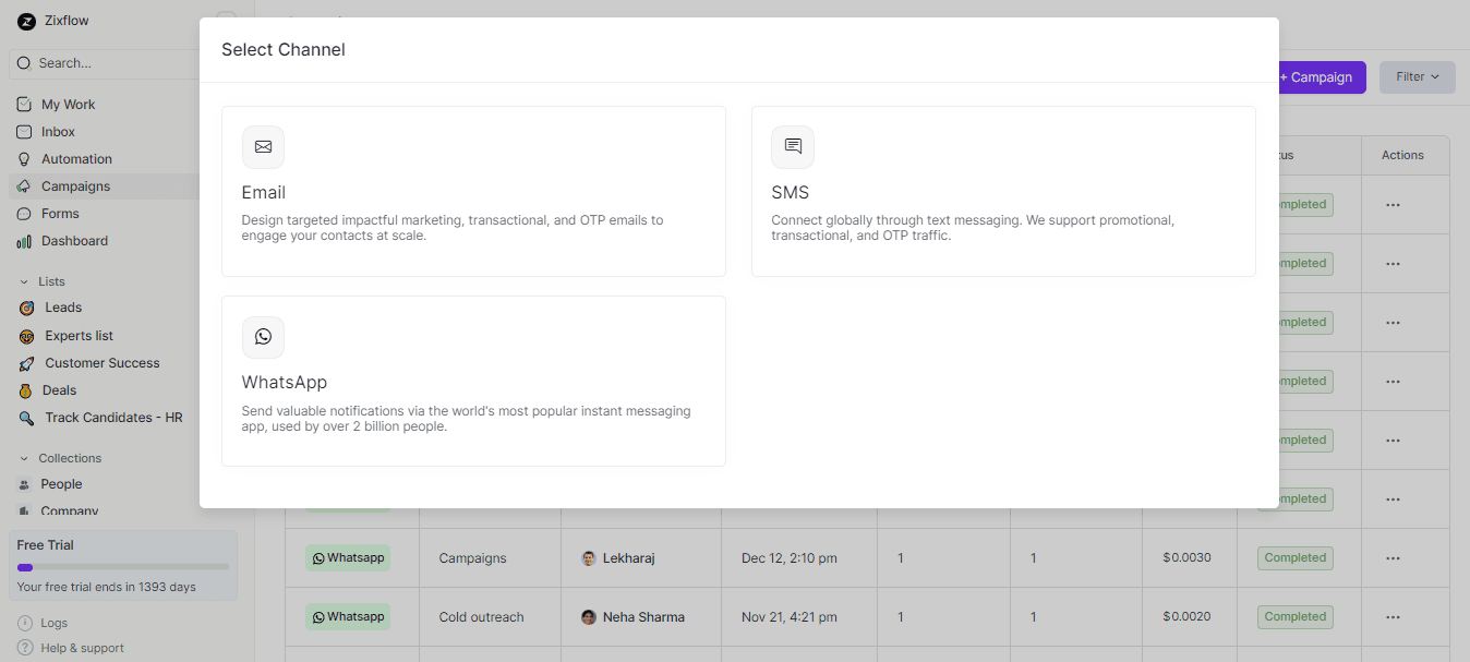 Zixflow allows you to create and send messages to your customers using different channels like SMS, email, and WhatsApp.