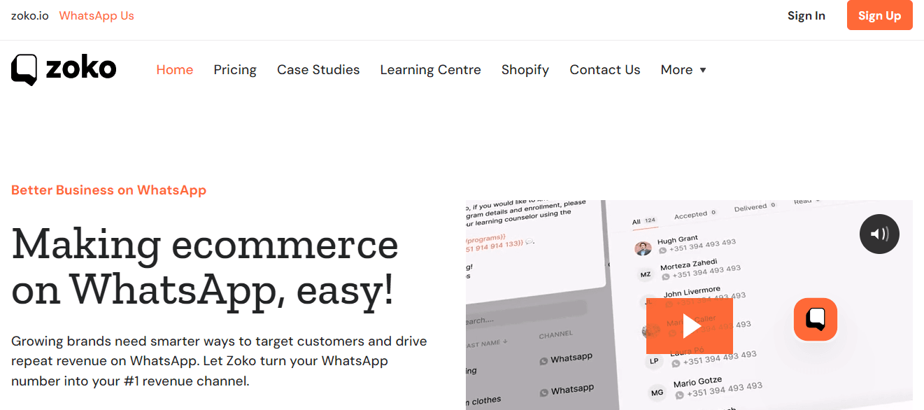 Home page of Zoko, the best competitor to Interakt.