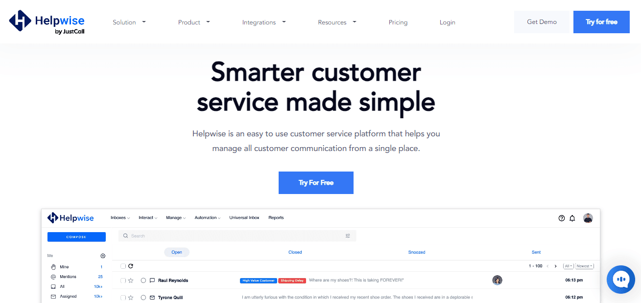 Home page of Helpwise, customer communication competitor to Interakt.