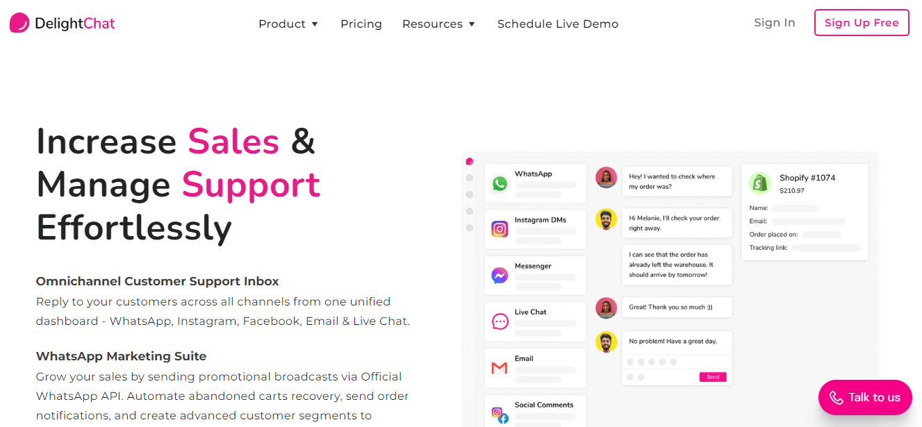 Homepage of DelightChat, the best marketing alternative to Interakt.