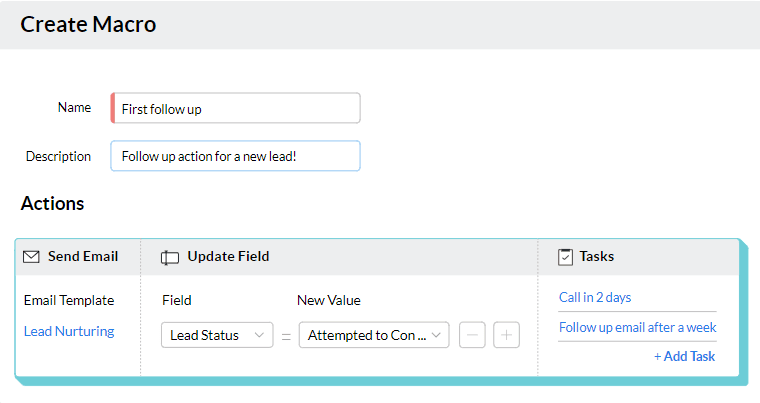 Through Zoho CRM’s macro feature you can easily schedule your email actions.
