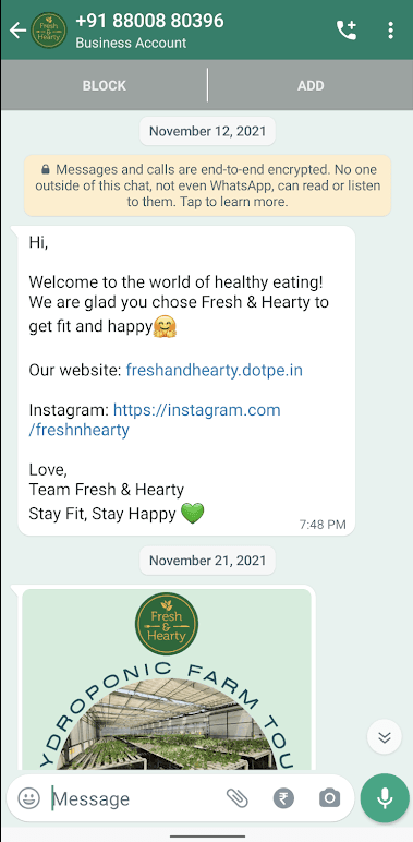 An example of a WhatsApp welcome message from an ecommerce brand.