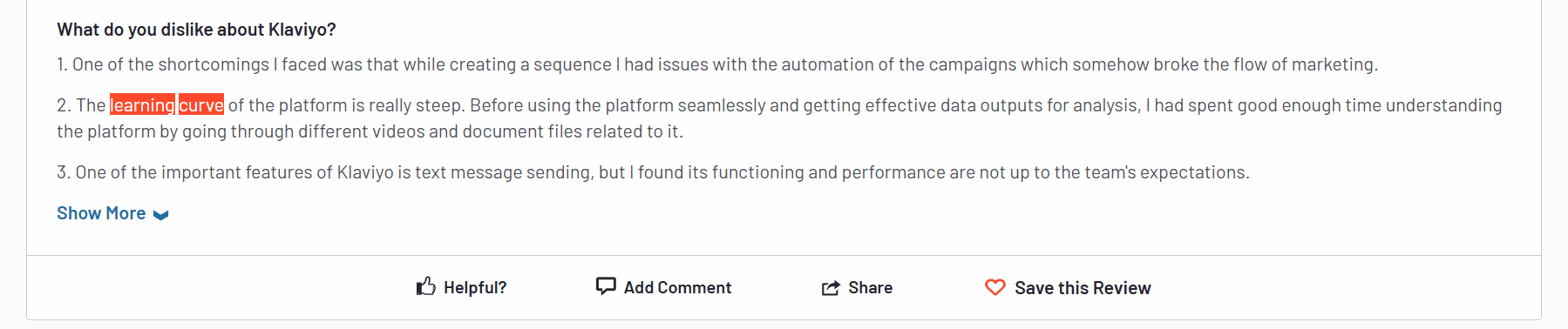 A G2 review about Klaviyo’s steep learning curve.