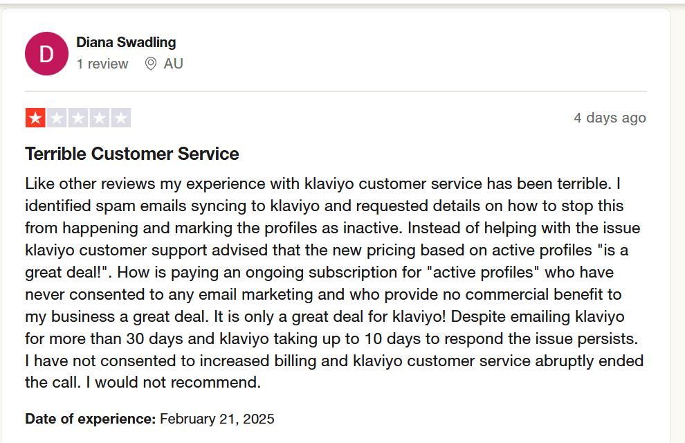 A Trustpilot review about Klaviyo’s delayed customer service.