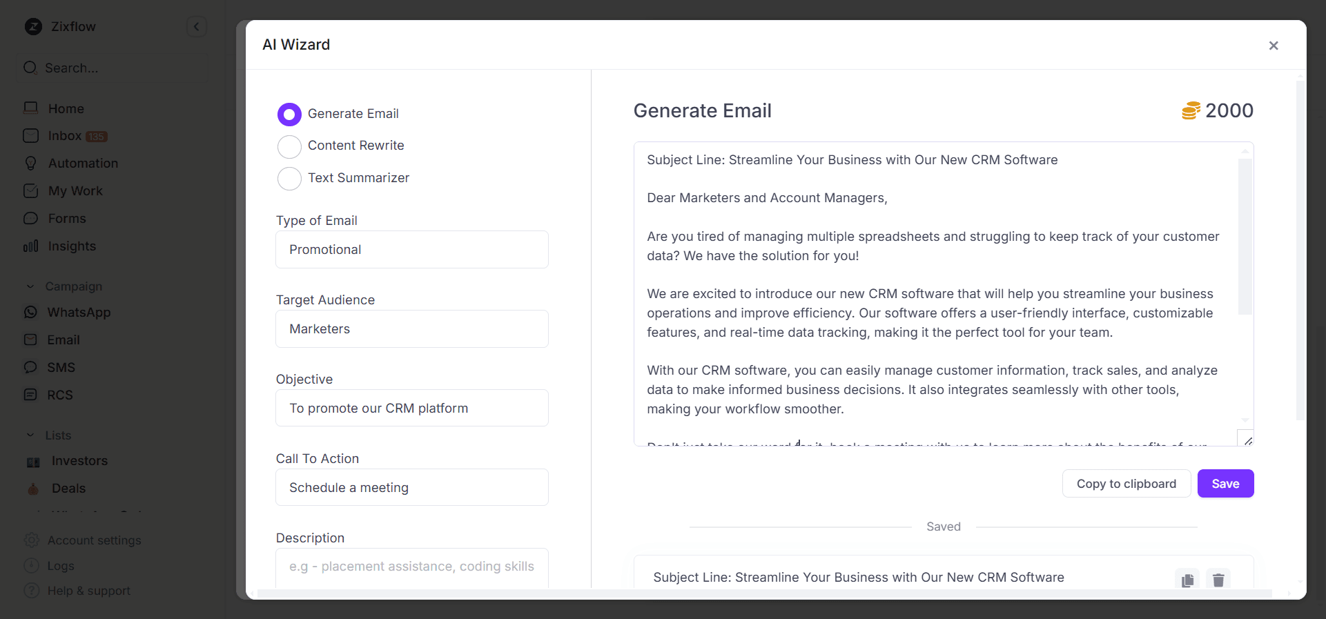 Zixflow’s AI-Wizard lets you craft personalized email content within seconds.