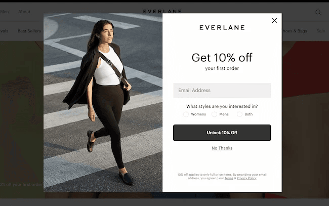 An example of an exit-intent pop-up from Everlane.