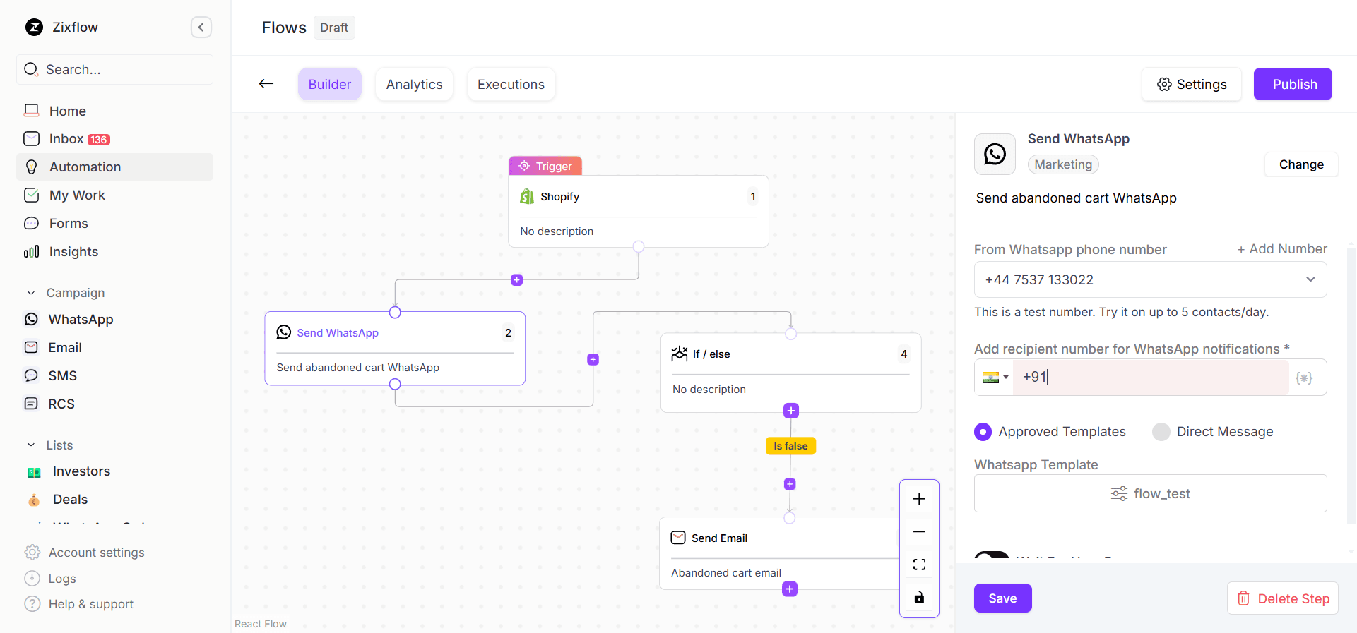 Automation flow builder in Zixflow to set up automated responses.
