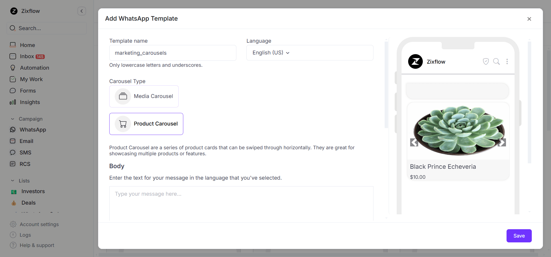 Zixflow’s WhatsApp template builder lets you craft personalized messages for effective marketing.