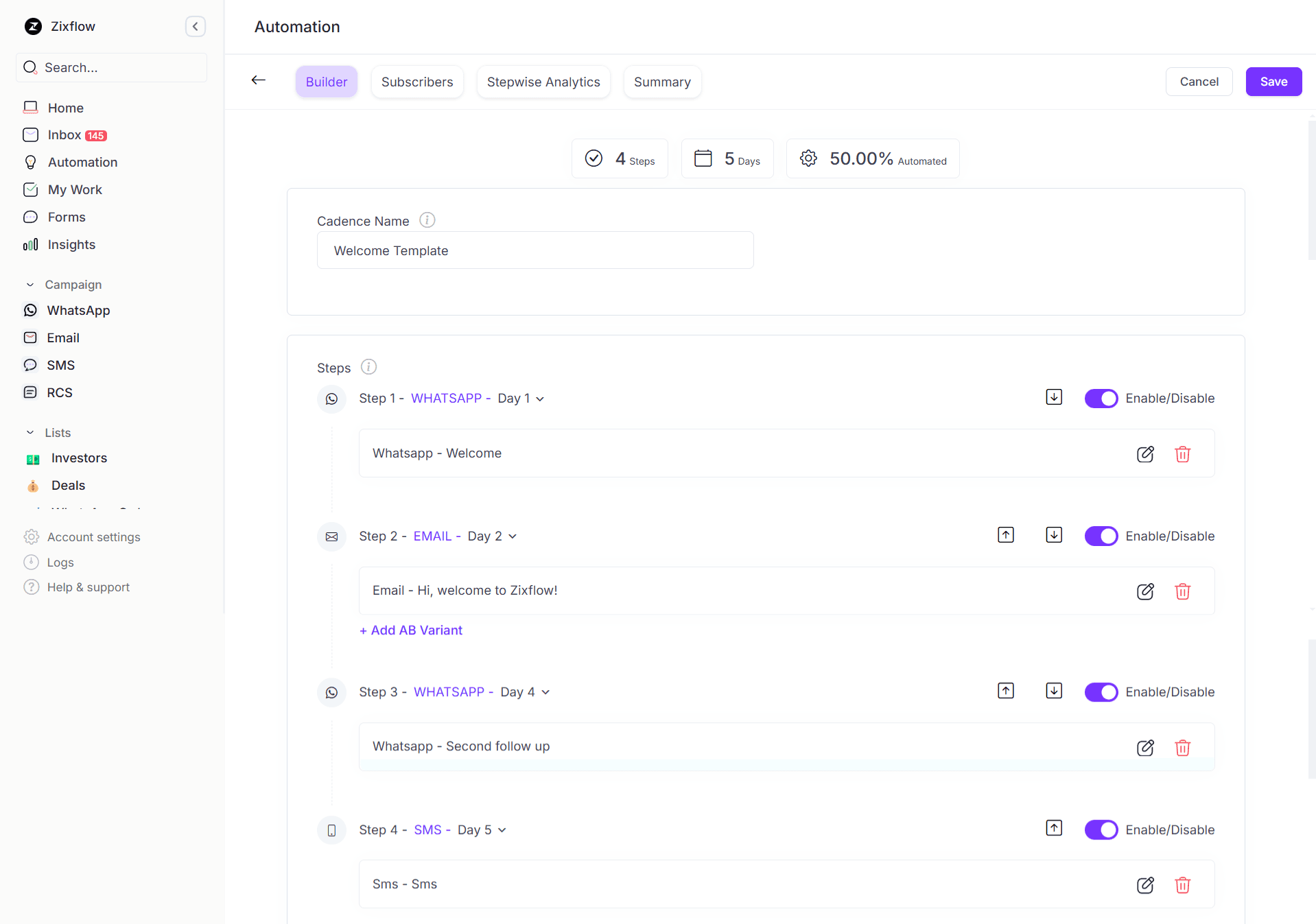 Zixflow’s sales cadence builder to automate follow ups across different channels.