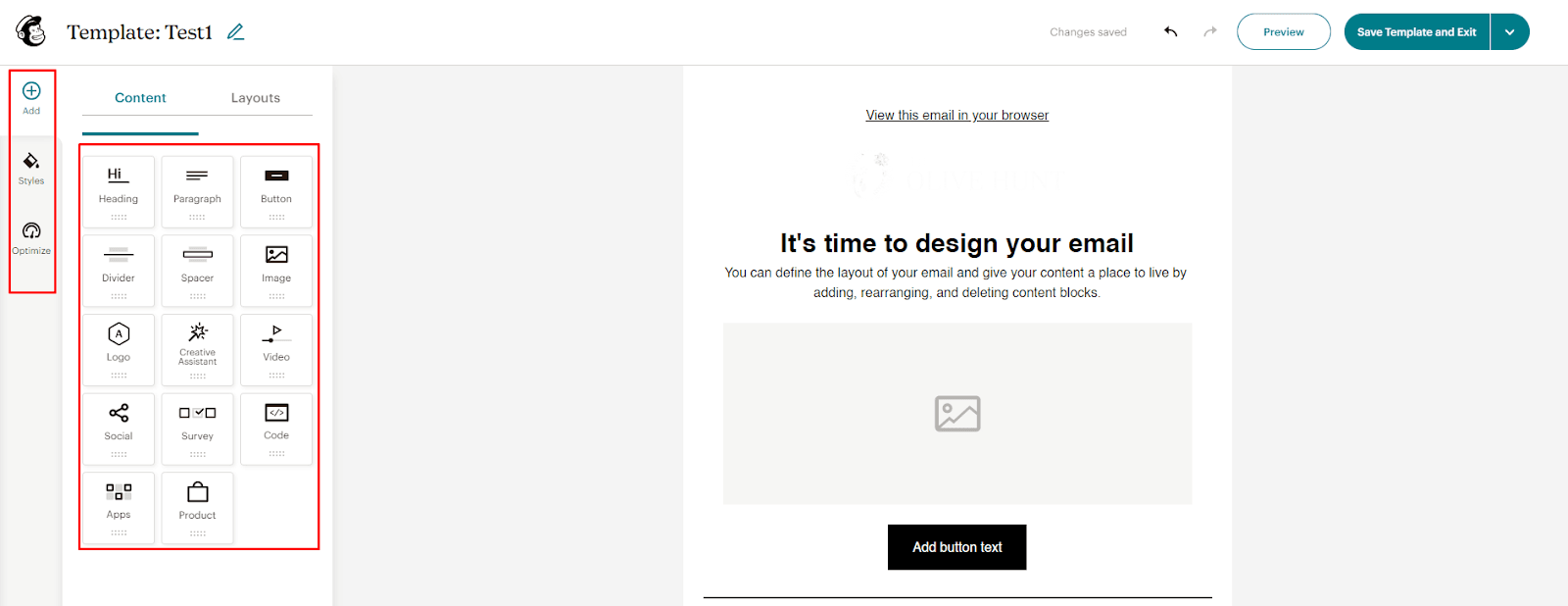 The drag-and-drop email editor of Mailchimp.