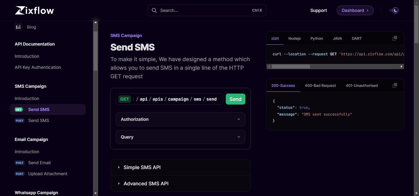 Zixflow’s API documentation allows you to easily set up and connect various APIs with its campaign module.