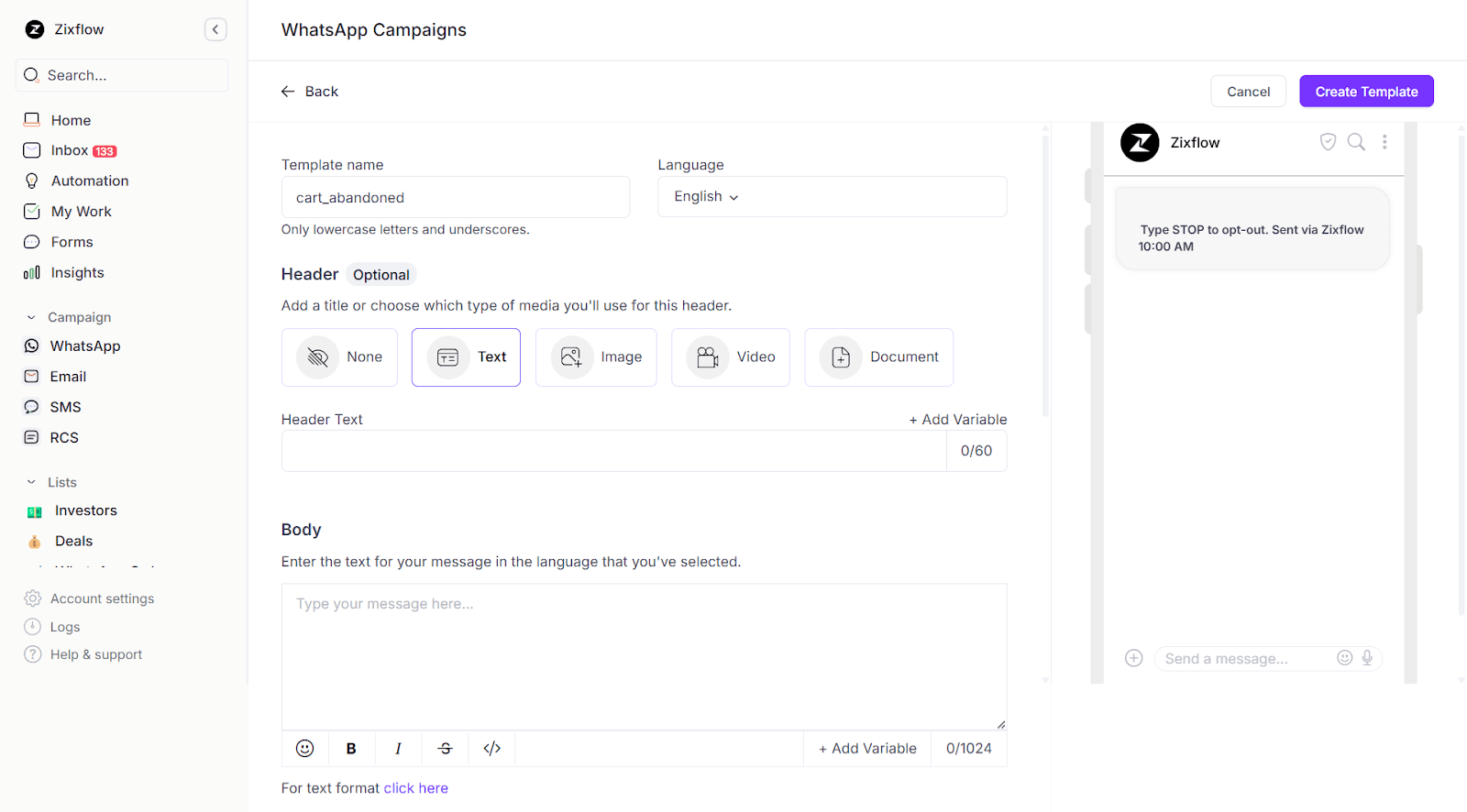 Zixflow’s WhatsApp message template editor.