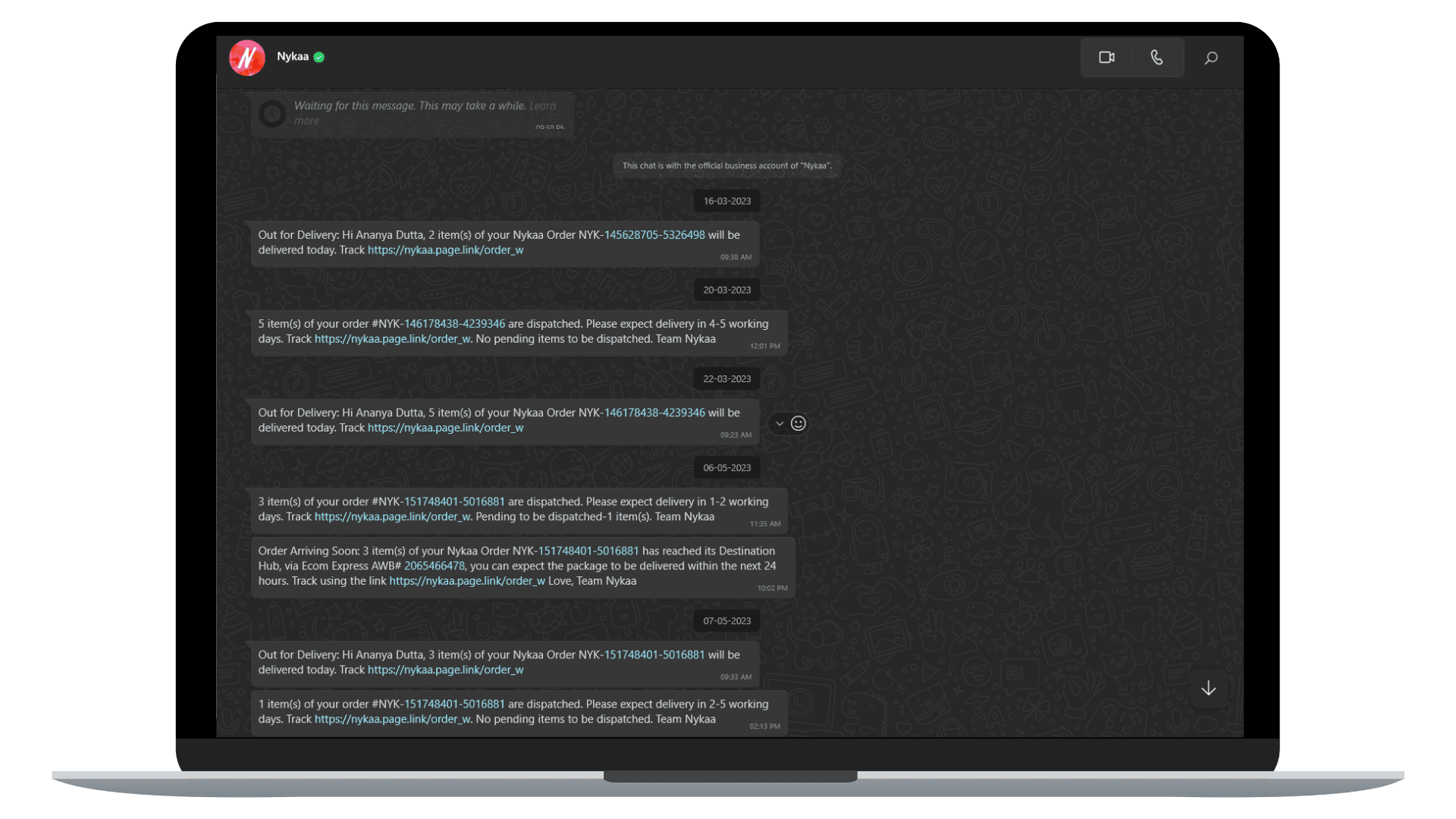 Order tracking and shipping updates by Nykaa for its customers.