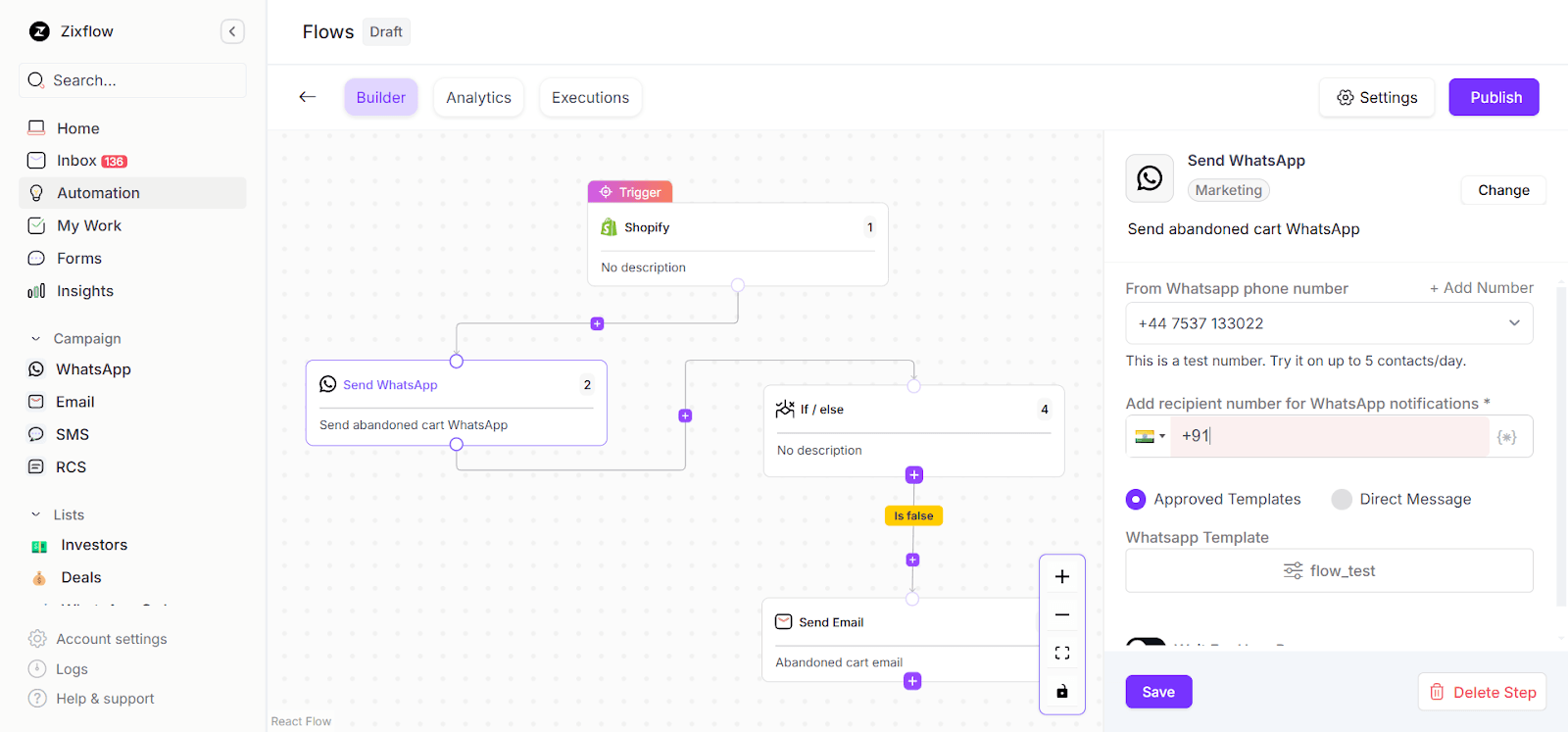 Zixflow’s automation editor to set up WhatsApp drip campaigns.