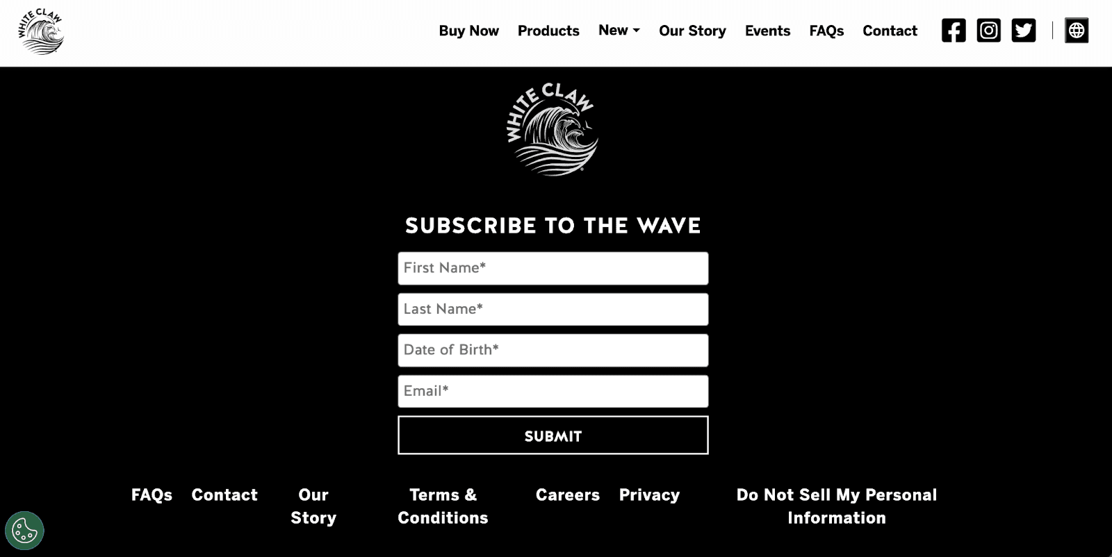 White Claw uses a footer sign-up form to capture visitors’ email addresses.