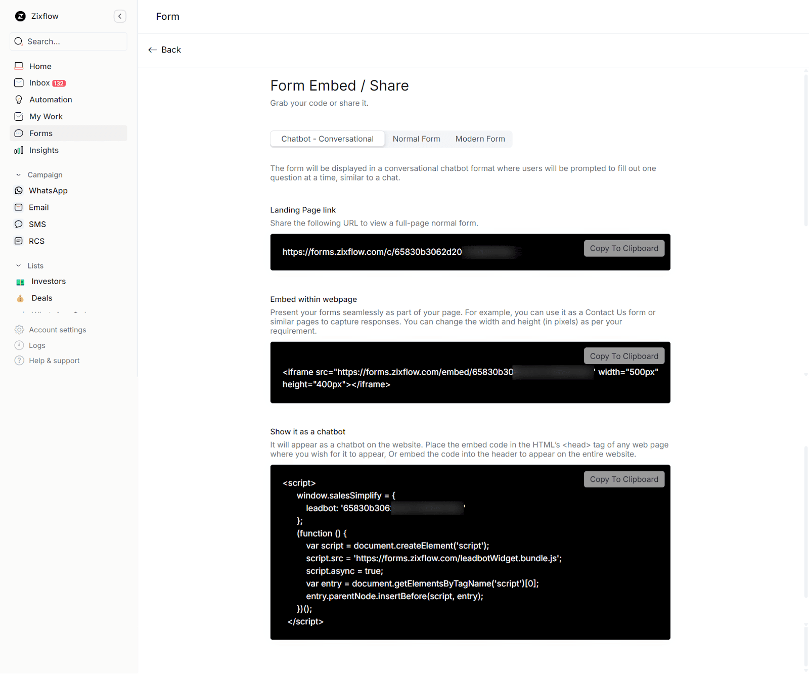 Different kinds of form embedding and sharing options offered by Zixflow.