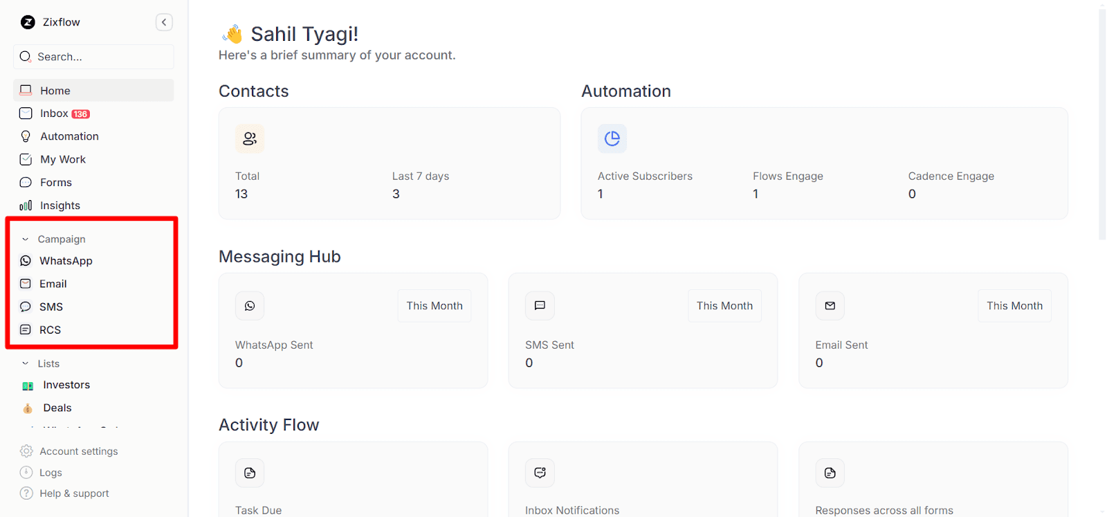 Different kinds of outreach channels supported by Zixflow. 
