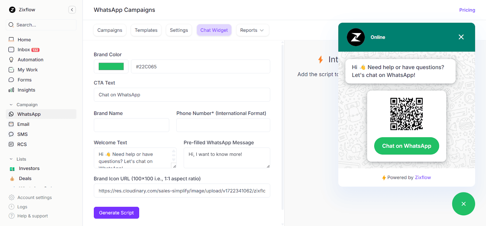 Zixflow’s WhatsApp widget builder to craft and add chat widgets on your website.